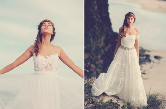 Bohemian bride on the beach lace wedding gown.
