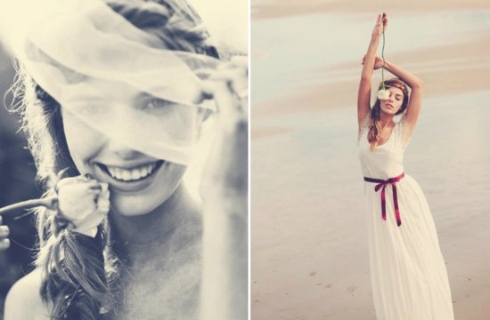Bohemian bride on the beach lace wedding gown.