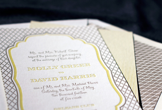 photo of letterpress wedding invitation inspiration smock wedding stationery gray chartreuse