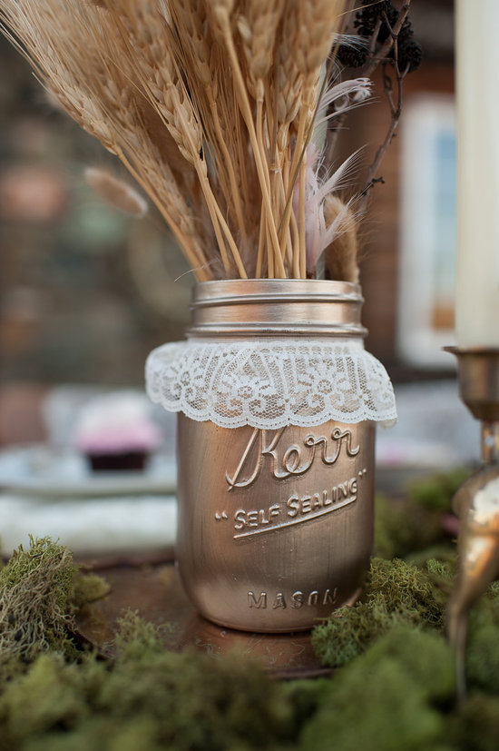 things brides love Mason Jar wedding reception decor centerpieces gold rustic