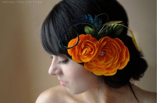 orange bridesmaid hair accessory updo for halloween wedding